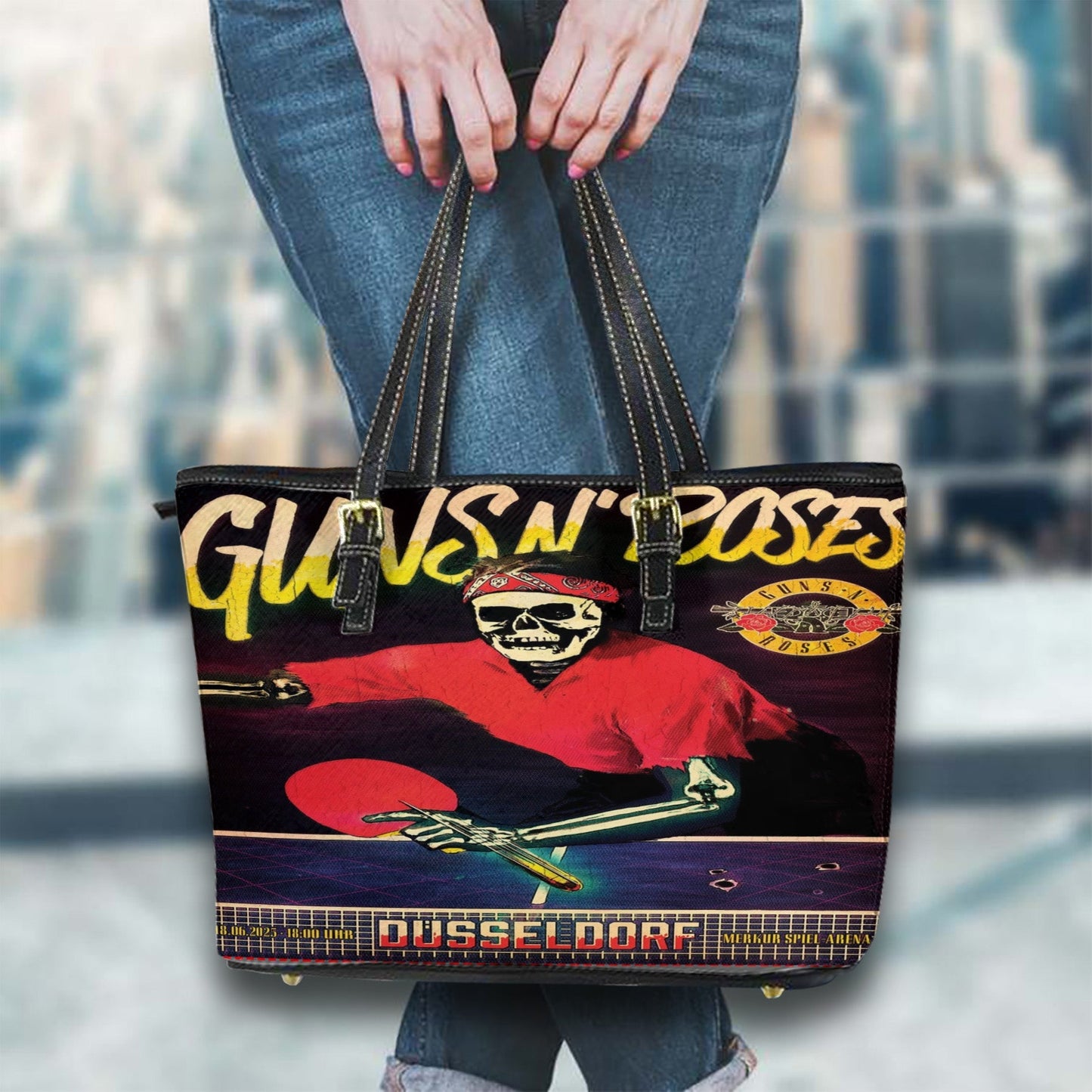 Guns N’ Roses Düsseldorf 2025 Skeleton Ping Pong Leather Tote Bag – Official Concert Tour Merch - Get Trend Merch