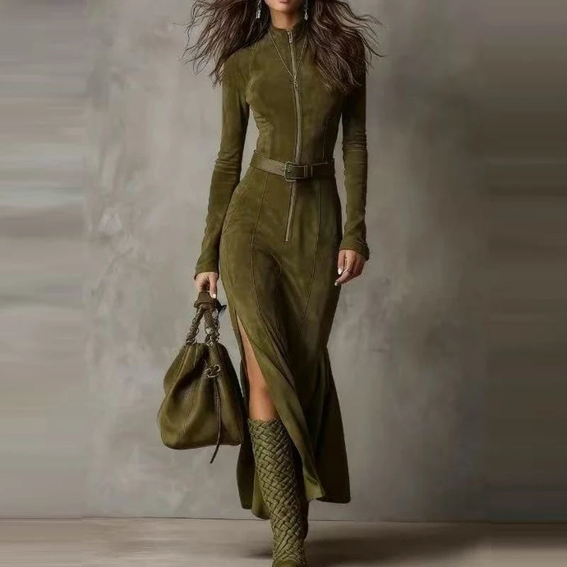 Suede O-Neck Maxi Dress with Side Slit