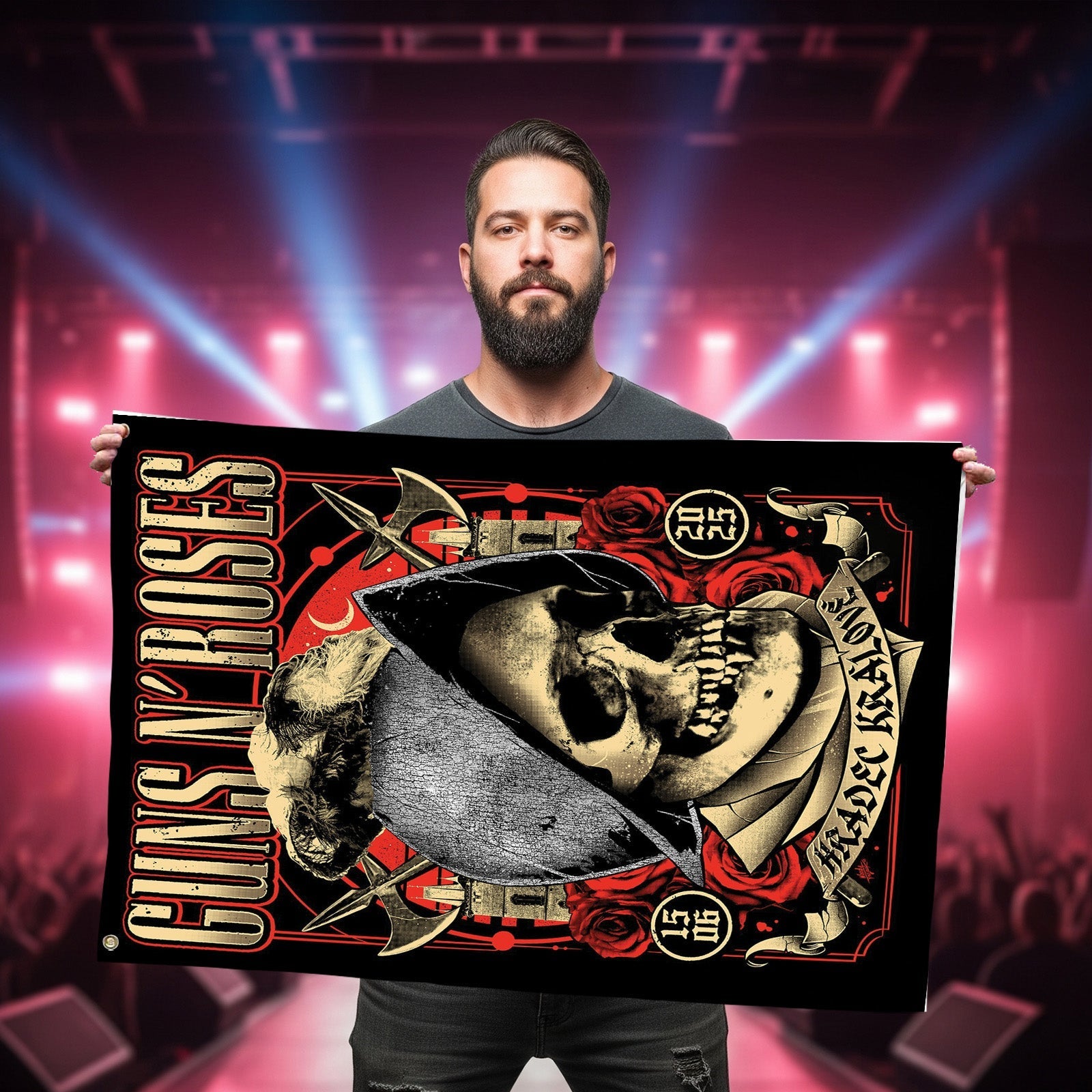 Guns N' Roses World Tour 2025 Hradec Králové June 15 Concert Skull Rose Art 2-Sided House Flag - Get Trend Merch