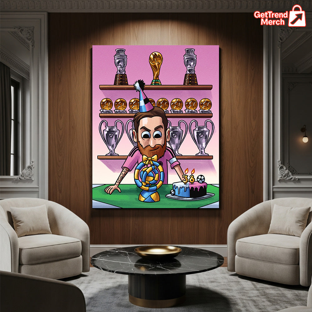 Lionel Messi 38th Birthday Cartoon Poster Canvas – Trophy Room Wall Art Gift - Get Trend Merch