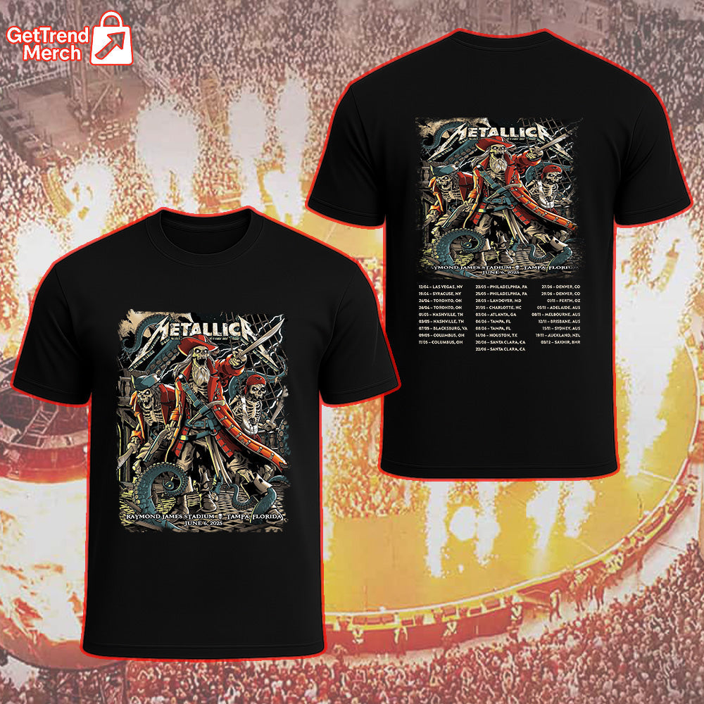 Metallica Concert Tour M72 World Tour June 6, 2025 - Tampa, FL Raymond James Stadium Pirate Skeleton Crew Official Band T-Shirt - Get Trend Merch