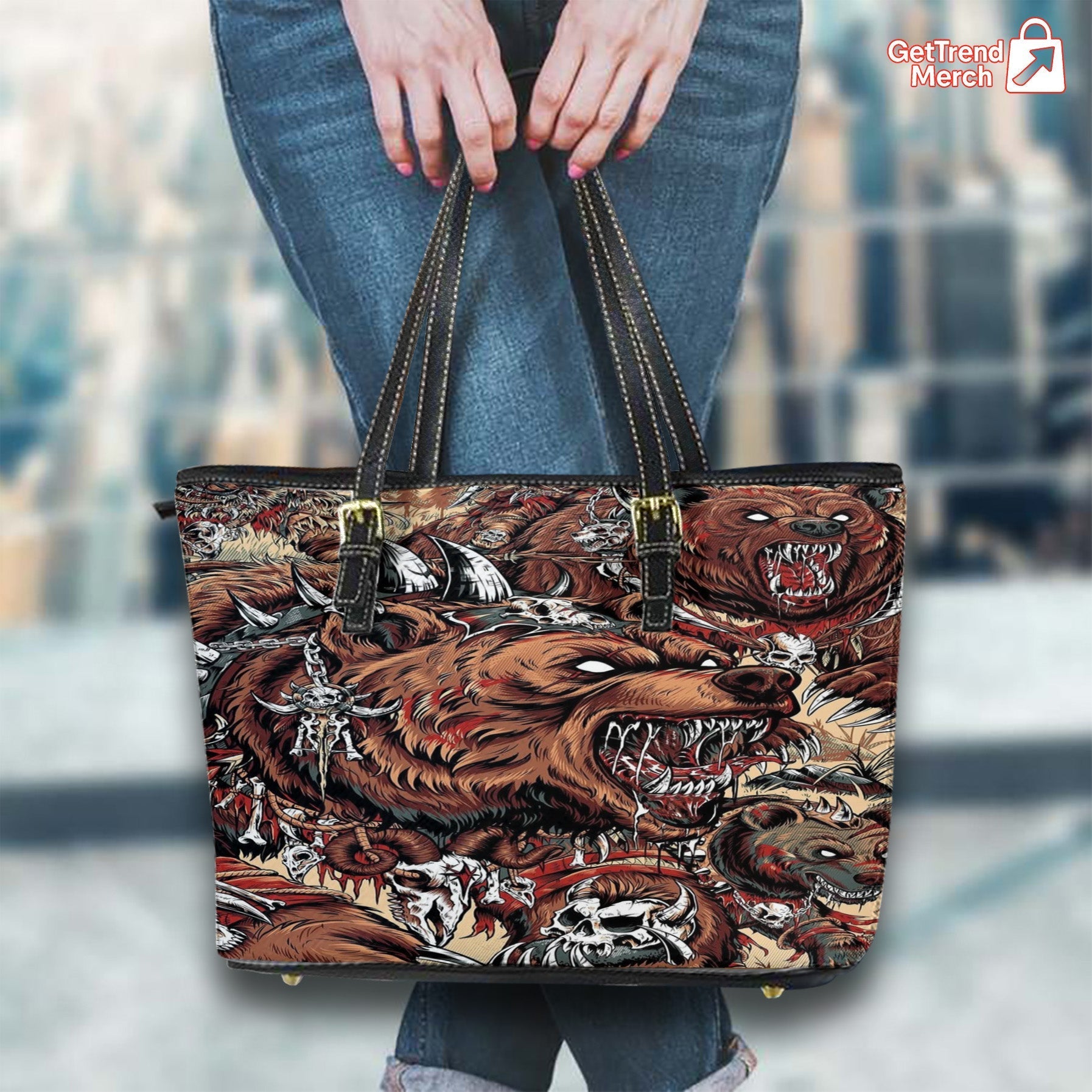 Metallica M72 Tour 2025 Leather Tote Bag – Battle Grizzly Bear Artwork by JML2Art, Empower Field Denver Concert Exclusive - Get Trend Merch
