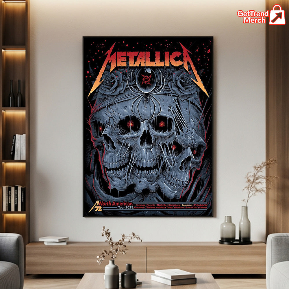 Metallica M72 Tour 2025 North America Skull Spider Poster – 3 Skulls & Black Widow Art Print Featuring All Cities - Get Trend Merch
