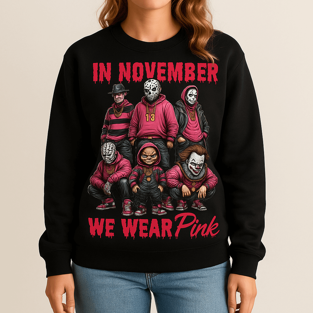 In November We Wear Pink – Horror Characters Breast Cancer Awareness Halloween Shirt - Get Trend Merch