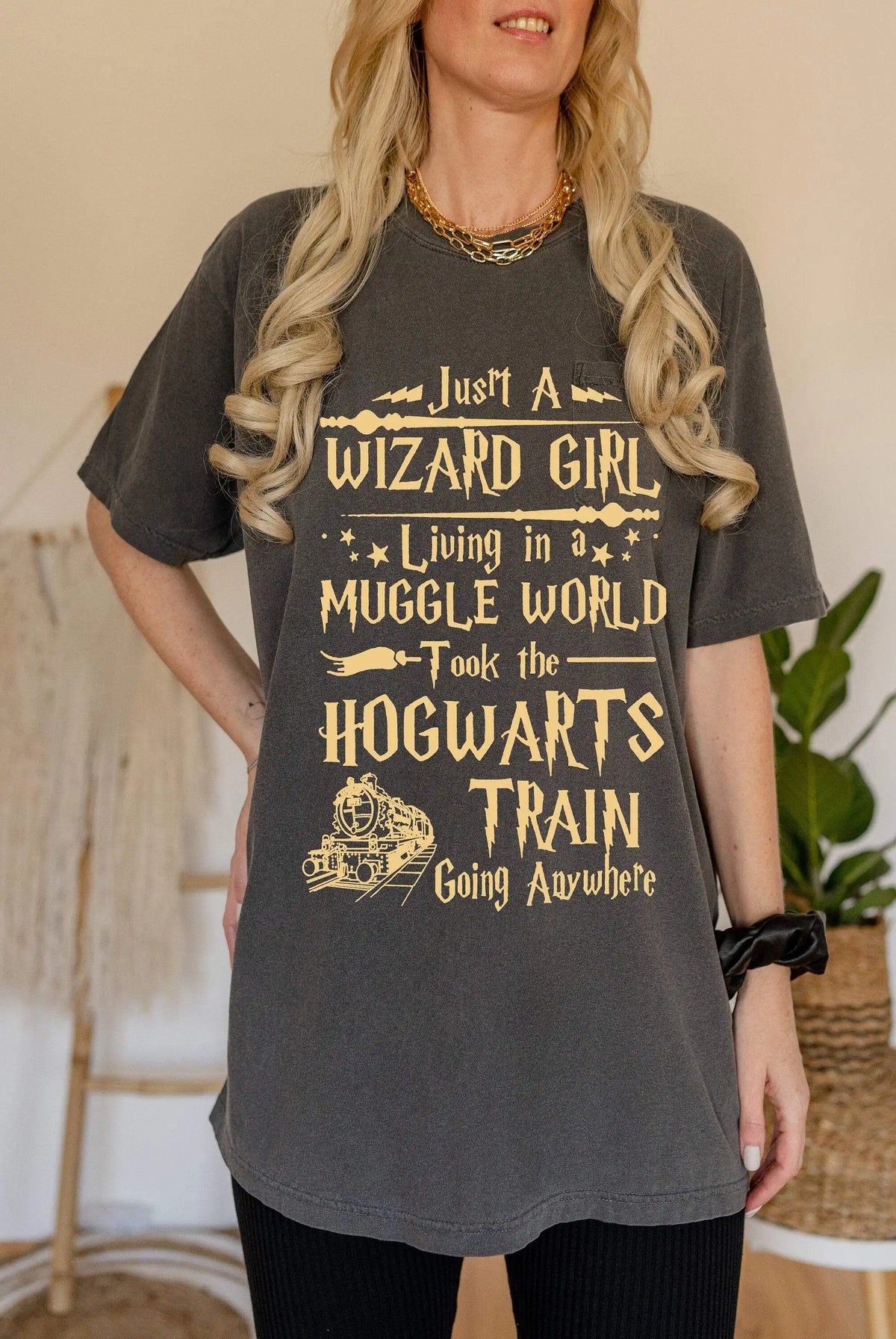 Just a Wizard Girl Living in a Muggle World Shirt – Hogwarts Train Magic Tee, Wizard Bookish T-Shirt