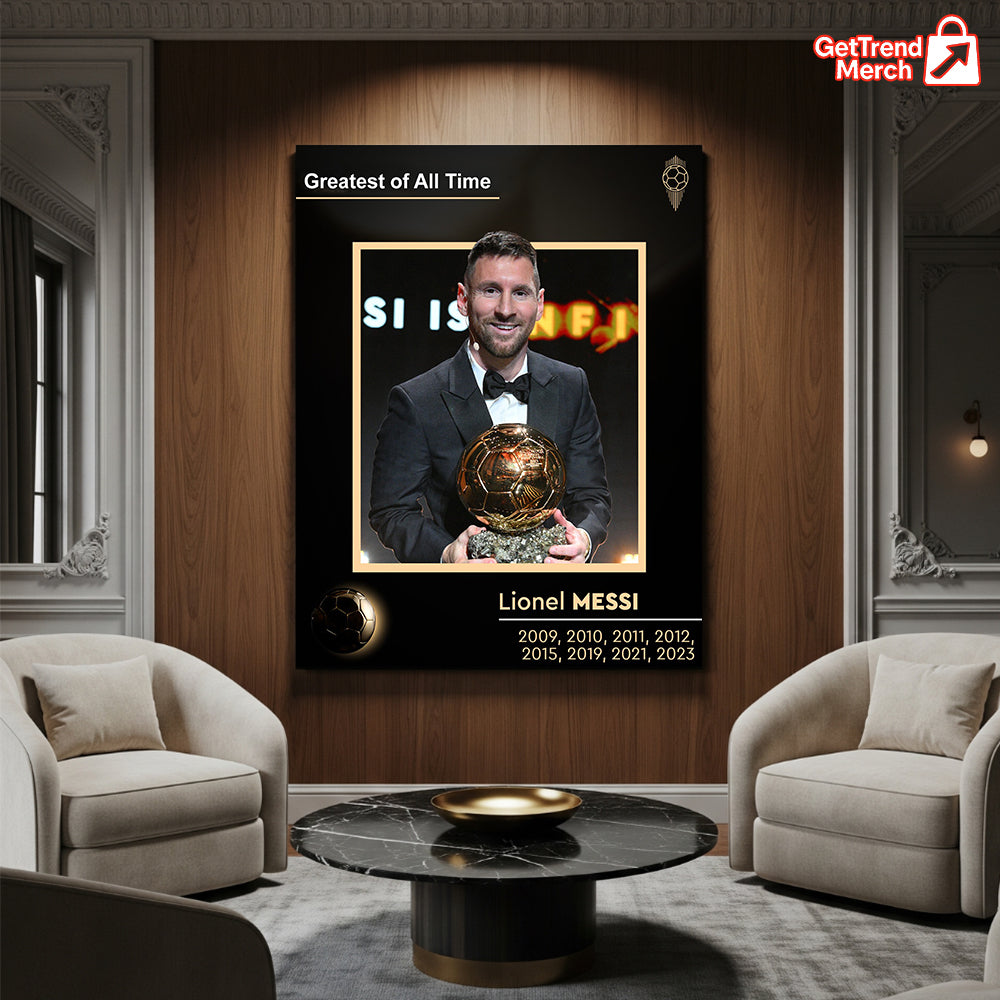 Lionel Messi GOAT Ballon d'Or Tribute Poster Canvas – 8x Winner Wall Art
