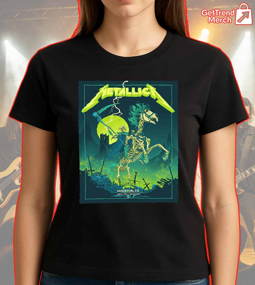 Metallica M72 World Tour 2025 Houston TX T-Shirt, NRG Stadium June 16, 2025 - Neon Skeleton Horse Pop-Up Exclusive, Concert Tour Shirt for Fans - Get Trend Merch