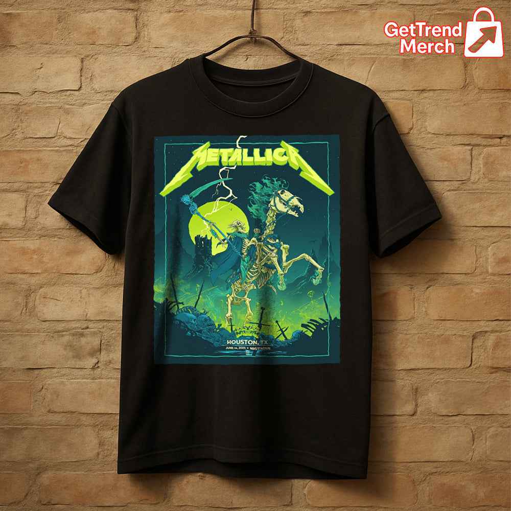 Metallica M72 World Tour 2025 Houston TX T-Shirt, NRG Stadium June 16, 2025 - Neon Skeleton Horse Pop-Up Exclusive, Concert Tour Shirt for Fans - Get Trend Merch