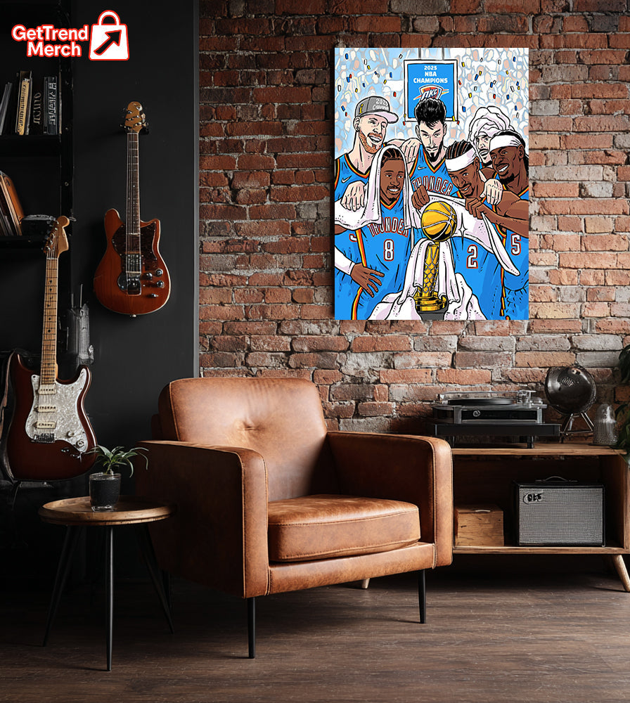 Oklahoma City Thunder 2025 NBA Champions Cartoon Poster Canvas – Illustrated Trophy Celebration Art