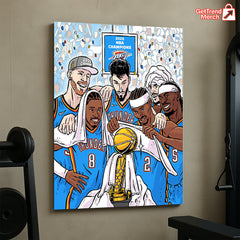 Oklahoma City Thunder 2025 NBA Champions Cartoon Poster Canvas – Illustrated Trophy Celebration Art