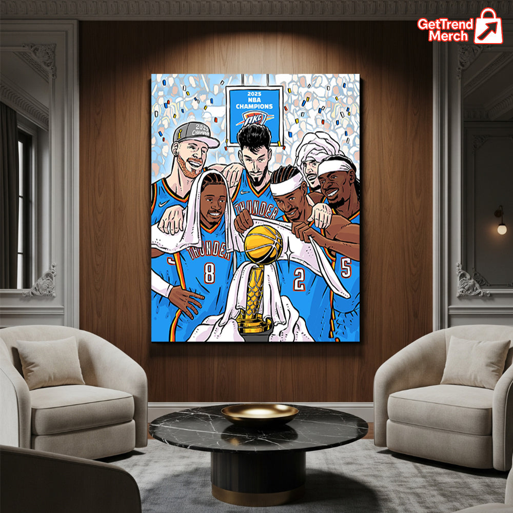 Oklahoma City Thunder 2025 NBA Champions Cartoon Poster Canvas – Illustrated Trophy Celebration Art