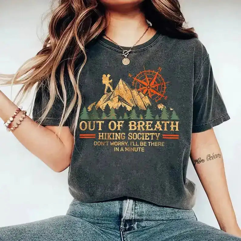 Out of Breath Hiking Society Washed T-shirt – Funny Hiking Outdoor T-Shirt, Mountain Adventure Vintage Tee