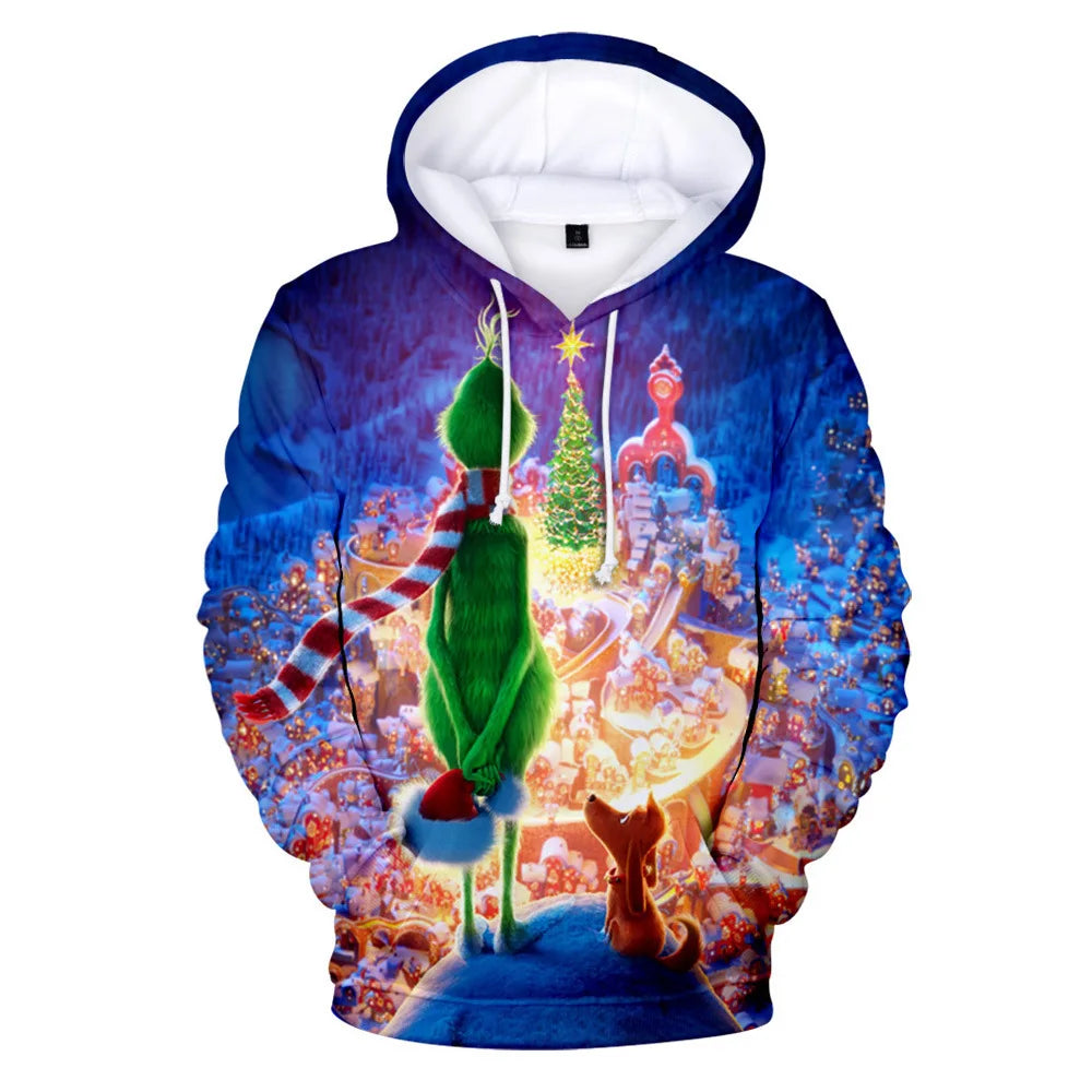 Grinch Inspired 3D Printed Christmas Hoodie – Oversized Harajuku Pullover