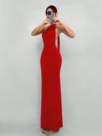 Red Backless Halter Maxi Dress