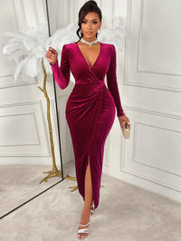 Deep V Neck Velvet Maxi Dress with Puff Sleeves