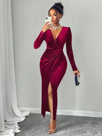 Deep V Neck Velvet Maxi Dress with Puff Sleeves