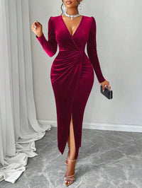 Deep V Neck Velvet Maxi Dress with Puff Sleeves