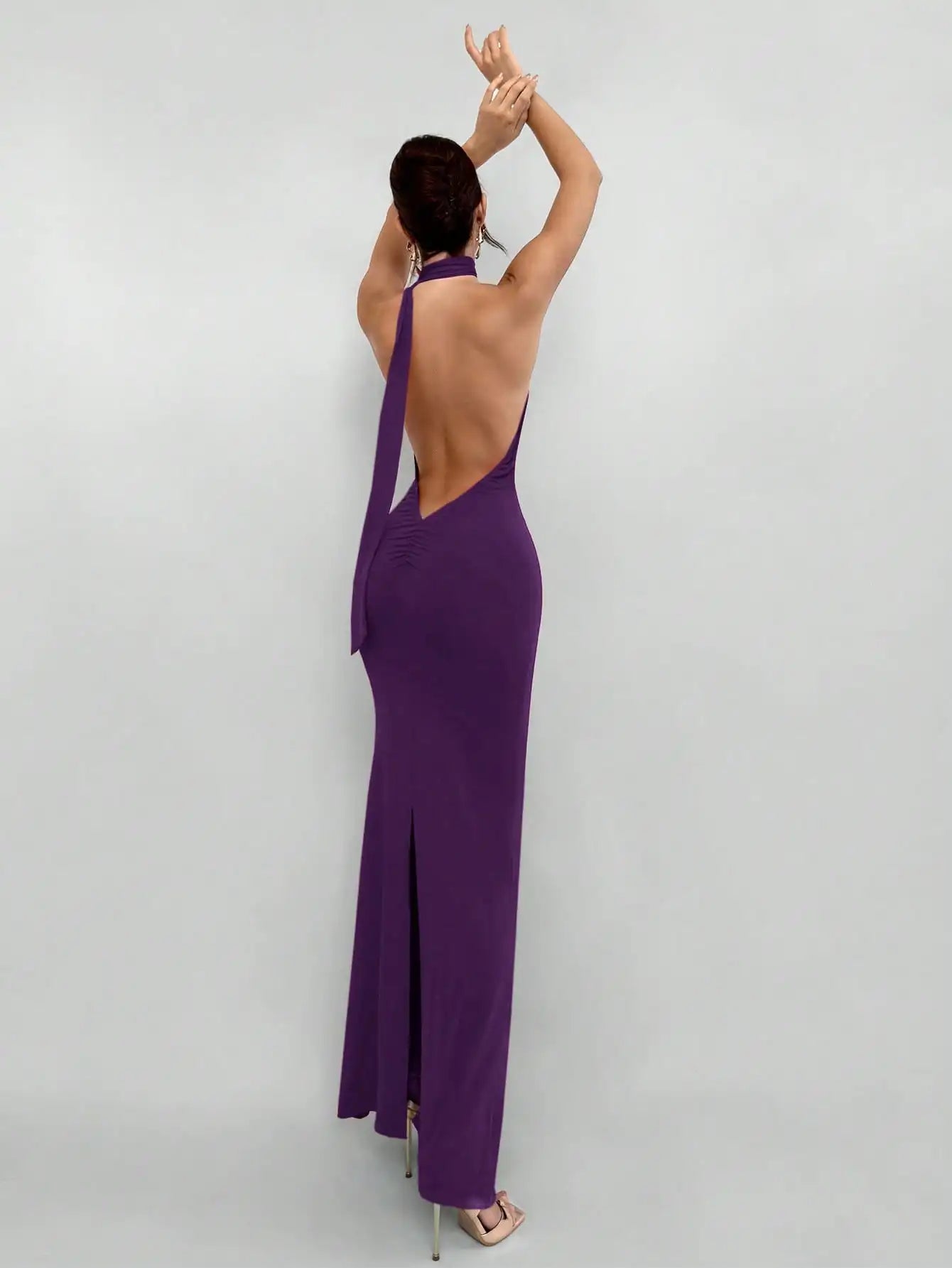 Red Backless Halter Maxi Dress