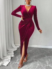 Deep V Neck Velvet Maxi Dress with Puff Sleeves