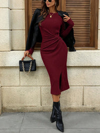 Solid Round Neck Belted Midi Dress