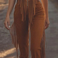 Retro Suede Tassel Deep V Jumpsuit for Women