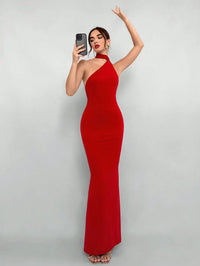 Red Backless Halter Maxi Dress