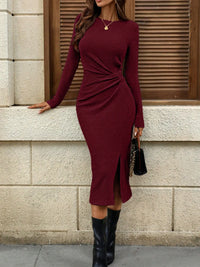 Solid Round Neck Belted Midi Dress