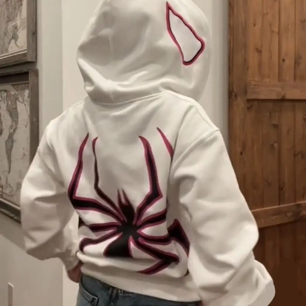 Women’s Harajuku Spider Print Oversized Zip-Up Hoodie