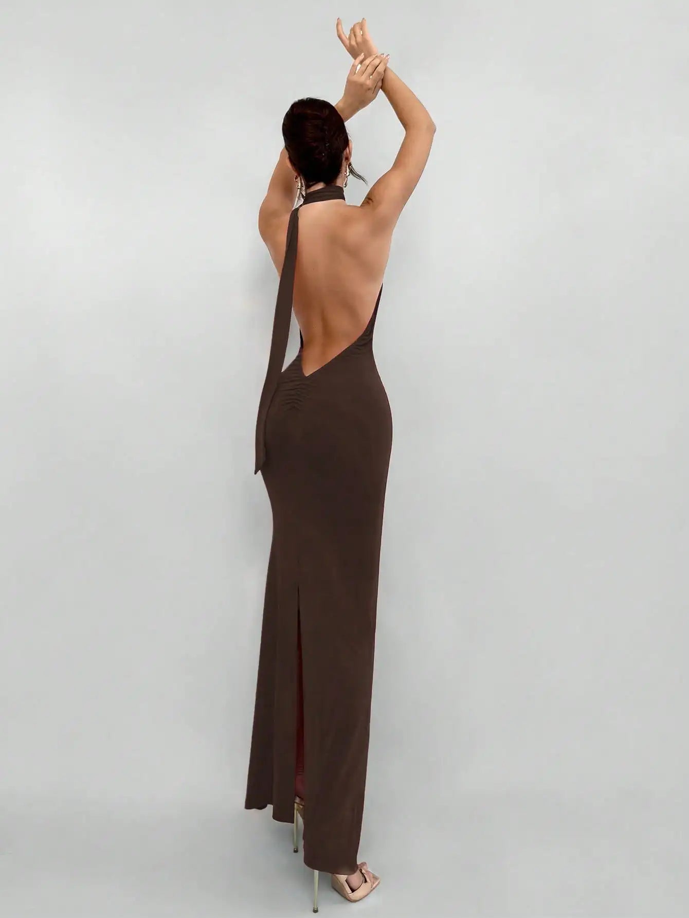 Red Backless Halter Maxi Dress