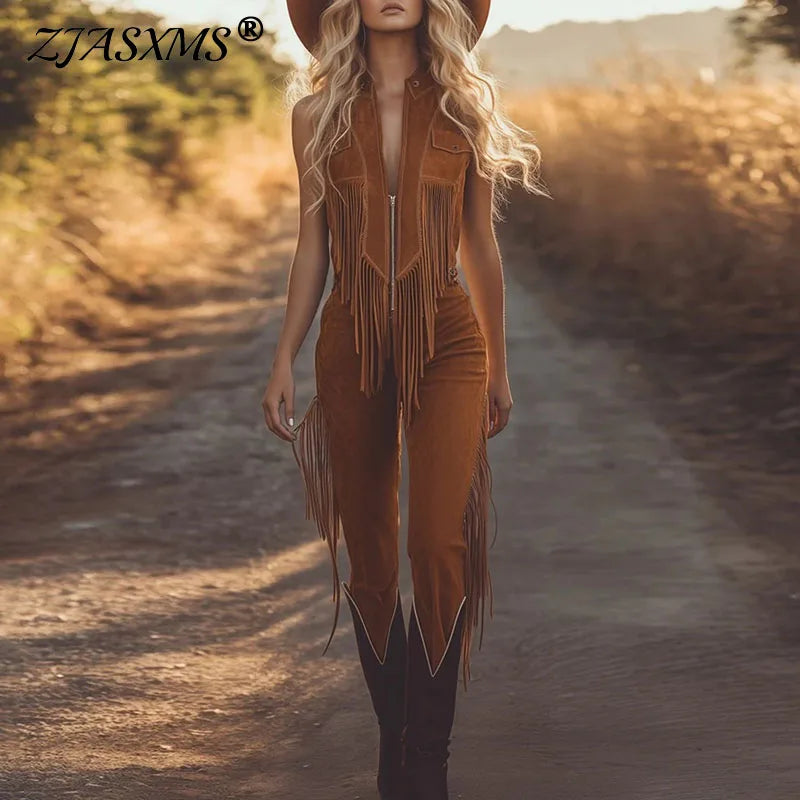 Retro Suede Tassel Deep V Jumpsuit for Women
