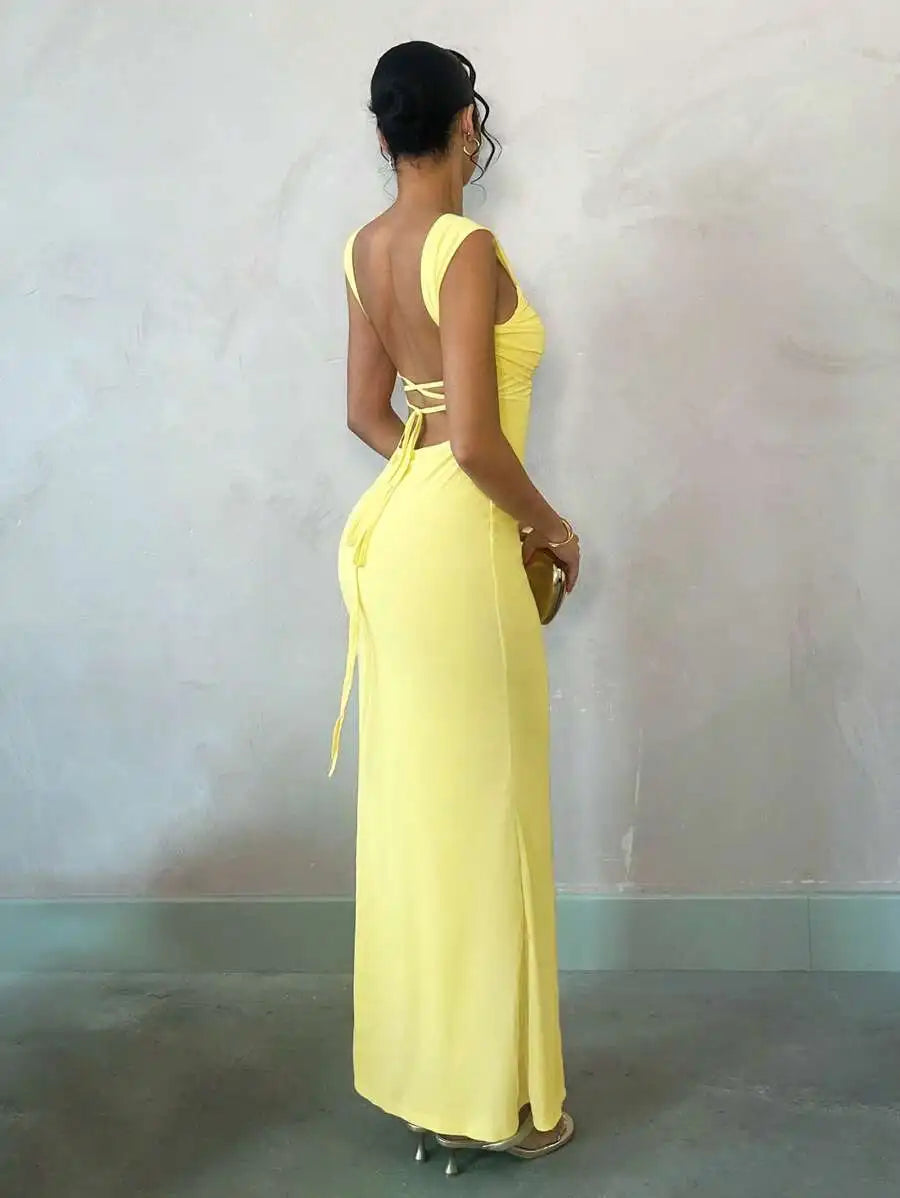 Pastel Yellow Backless Maxi Dress for Summer