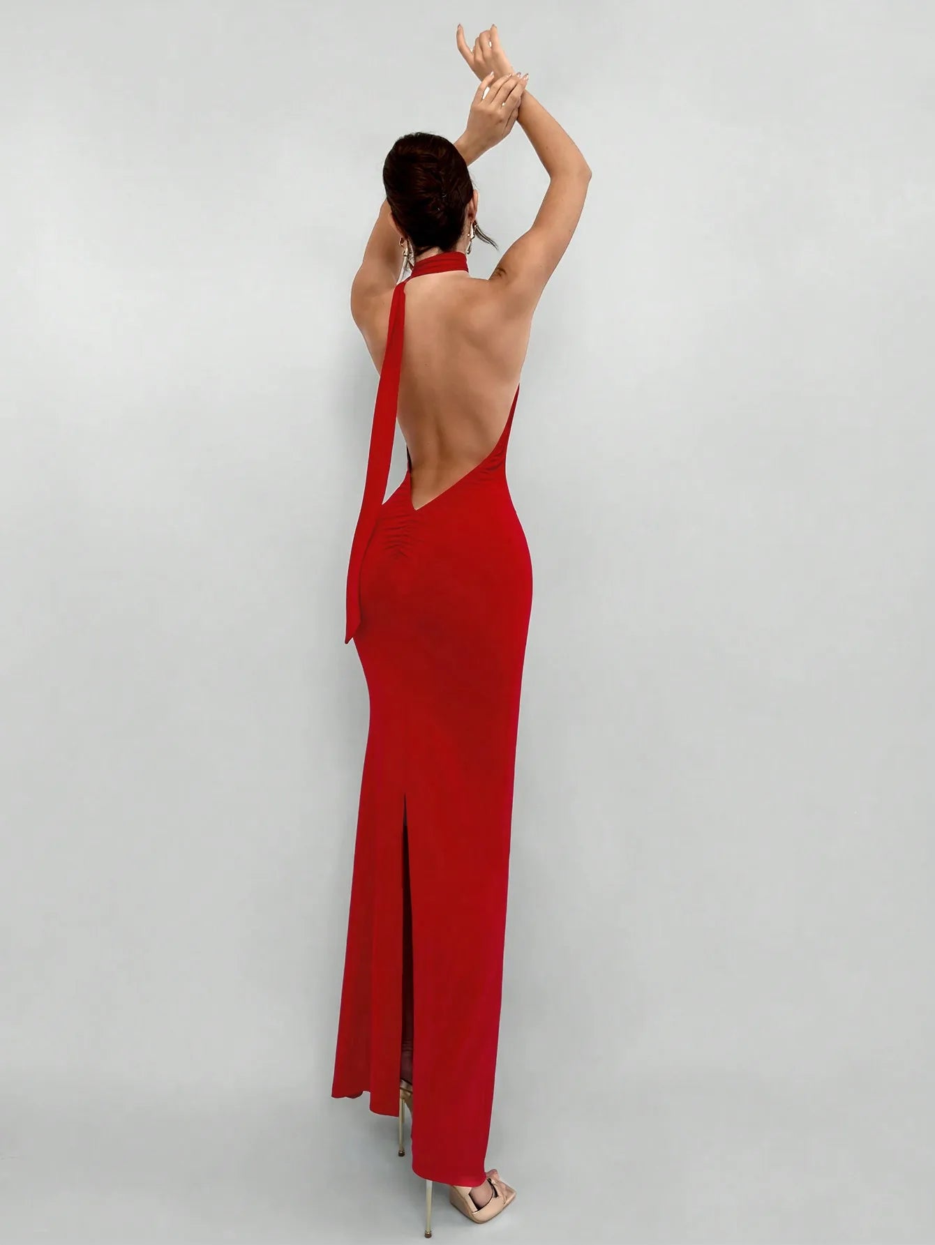 Red Backless Halter Maxi Dress