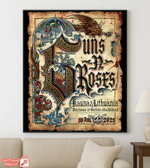 Guns N' Roses Kaunas 2025 Tour Poster Canvas | Medieval Knight Dragon Wall Art | July 10 Concert Print