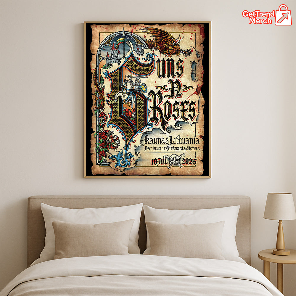 Guns N' Roses Kaunas 2025 Tour Poster Canvas | Medieval Knight Dragon Wall Art | July 10 Concert Print