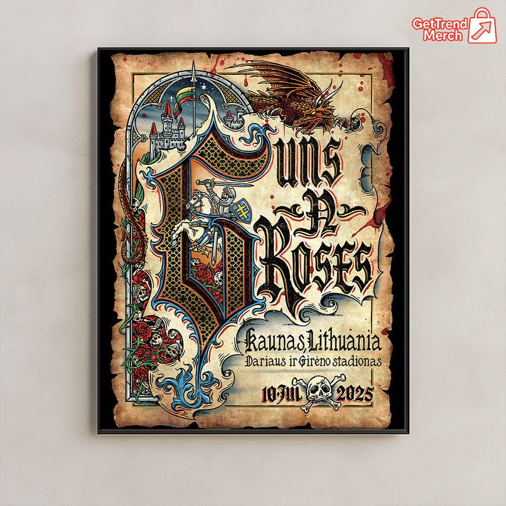 Guns N' Roses Kaunas 2025 Tour Poster Canvas | Medieval Knight Dragon Wall Art | July 10 Concert Print