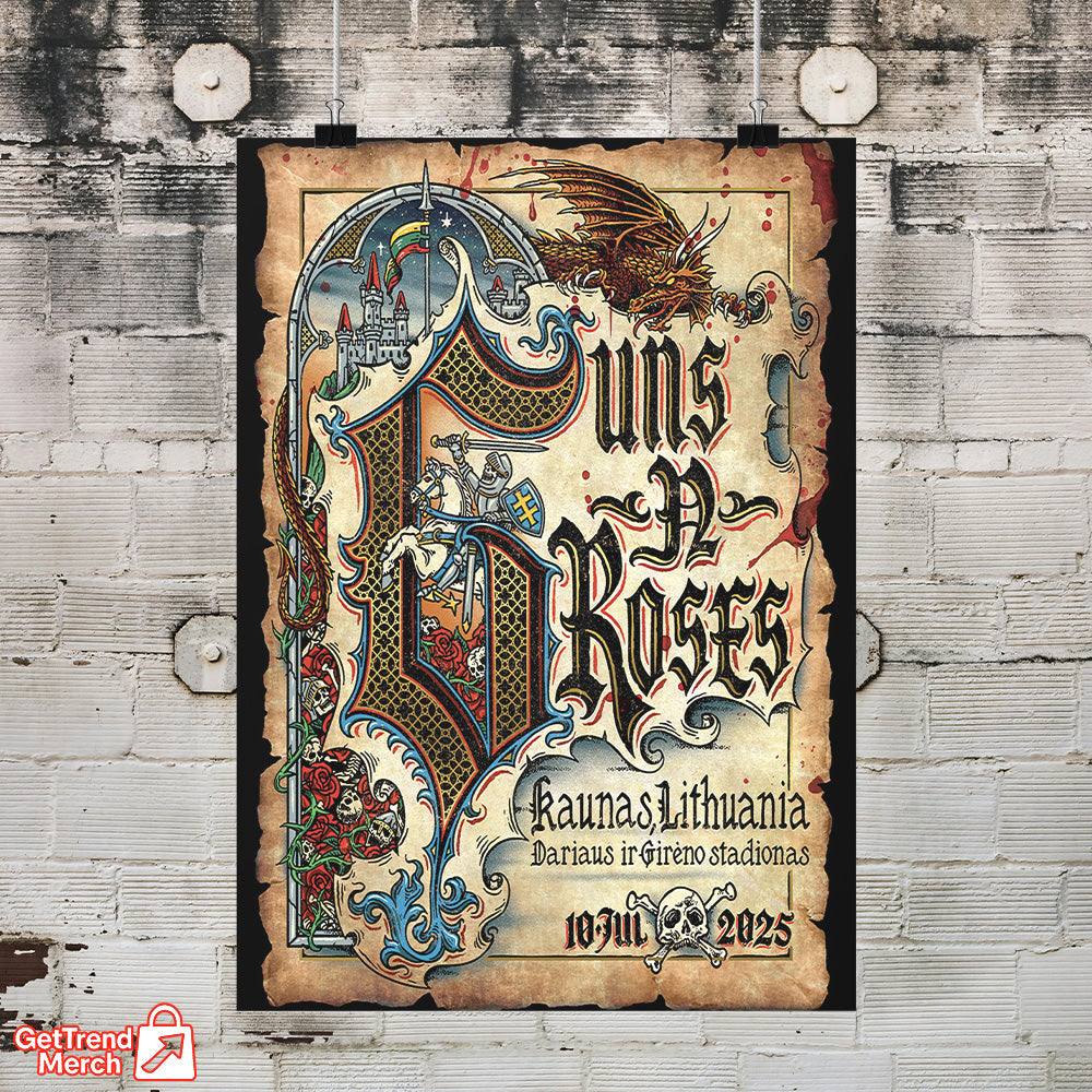 Guns N' Roses Kaunas 2025 Tour Poster Canvas | Medieval Knight Dragon Wall Art | July 10 Concert Print