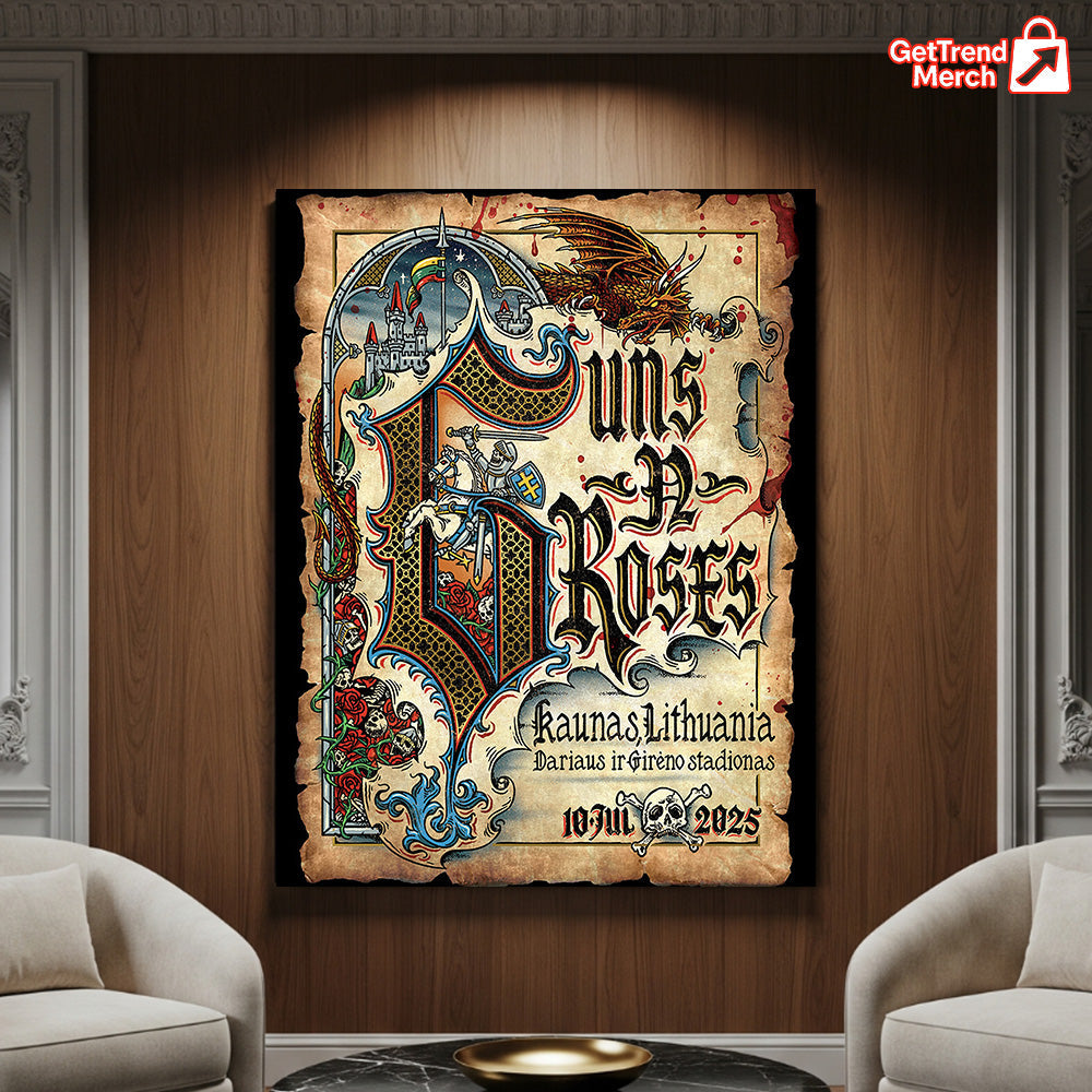 Guns N' Roses Kaunas 2025 Tour Poster Canvas | Medieval Knight Dragon Wall Art | July 10 Concert Print