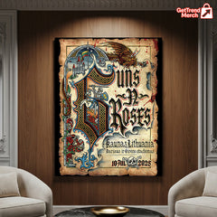 Guns N' Roses Kaunas 2025 Tour Poster Canvas | Medieval Knight Dragon Wall Art | July 10 Concert Print