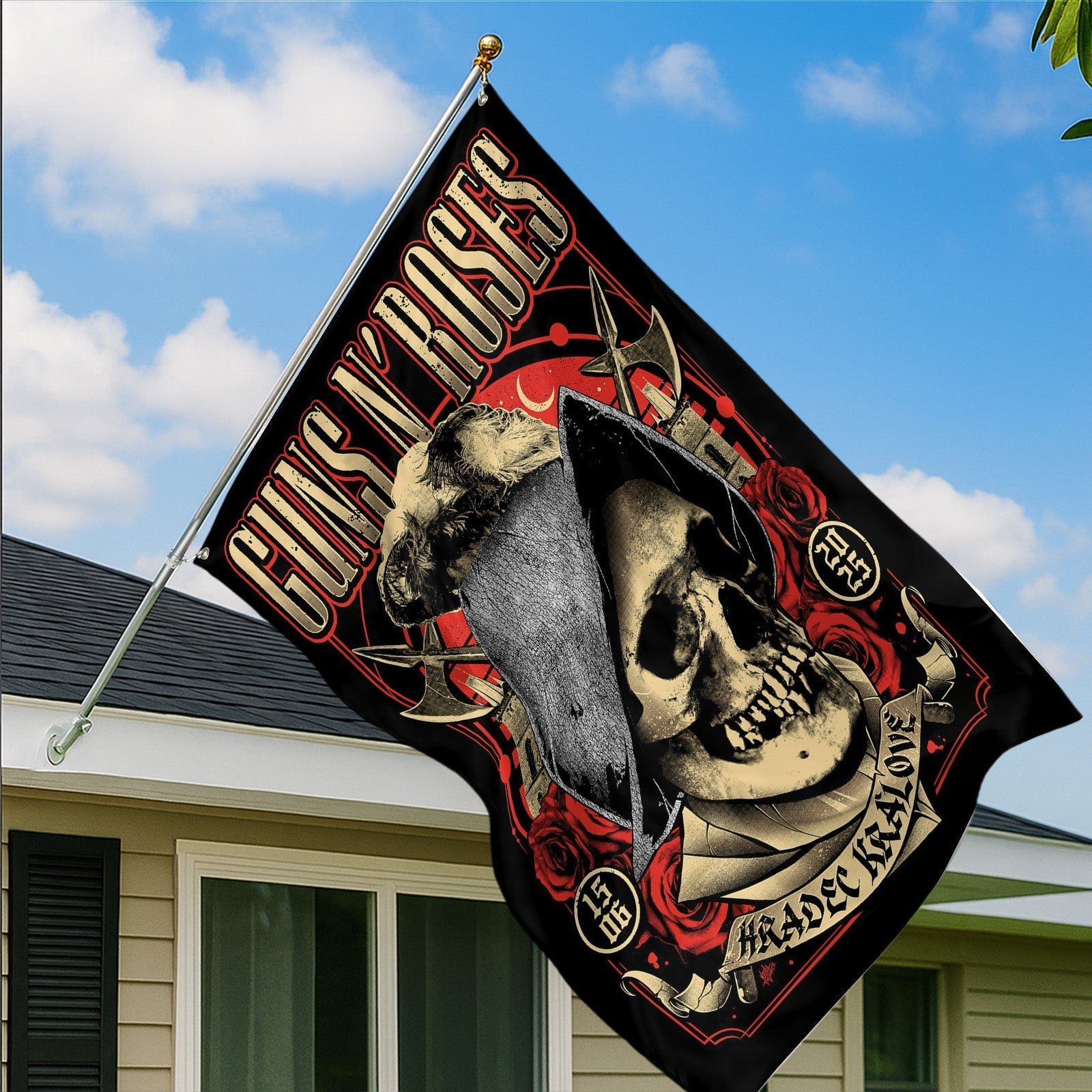 Guns N' Roses World Tour 2025 Hradec Králové June 15 Concert Skull Rose Art 2-Sided House Flag - Get Trend Merch