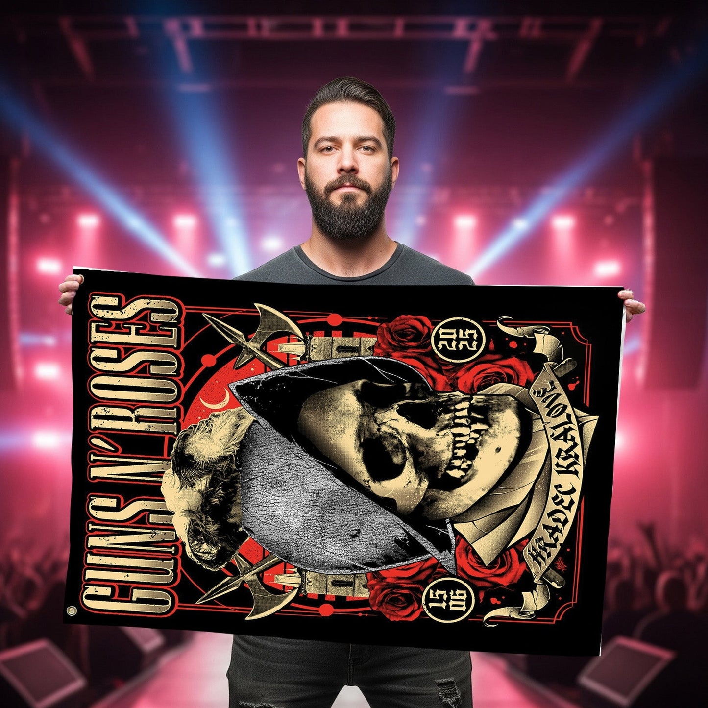 Guns N' Roses World Tour 2025 Hradec Králové June 15 Concert Skull Rose Art 2-Sided House Flag - Get Trend Merch