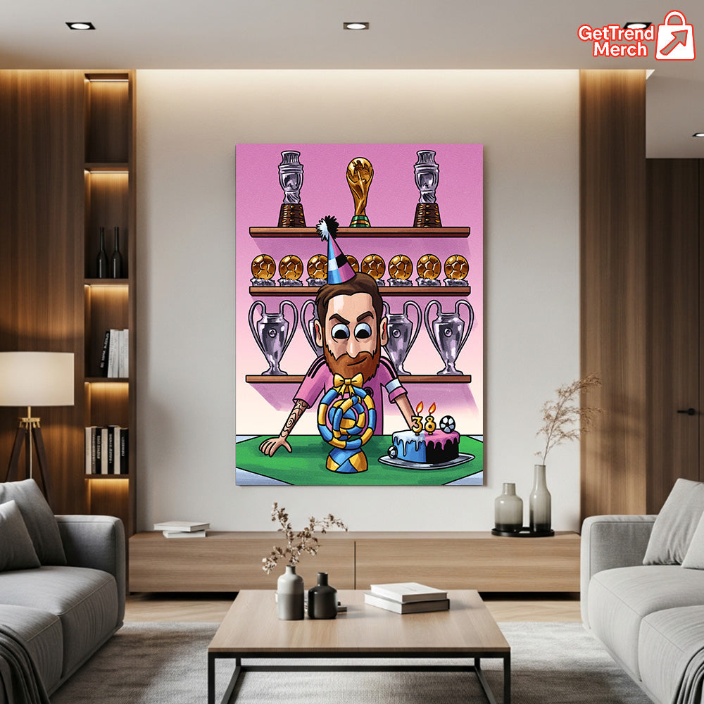 Lionel Messi 38th Birthday Cartoon Poster Canvas – Trophy Room Wall Art Gift - Get Trend Merch