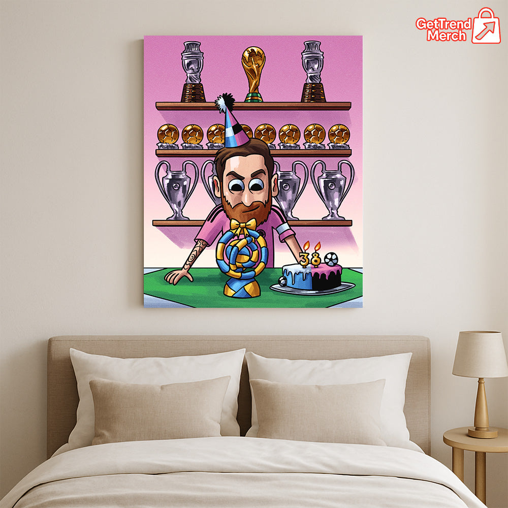 Lionel Messi 38th Birthday Cartoon Poster Canvas – Trophy Room Wall Art Gift - Get Trend Merch