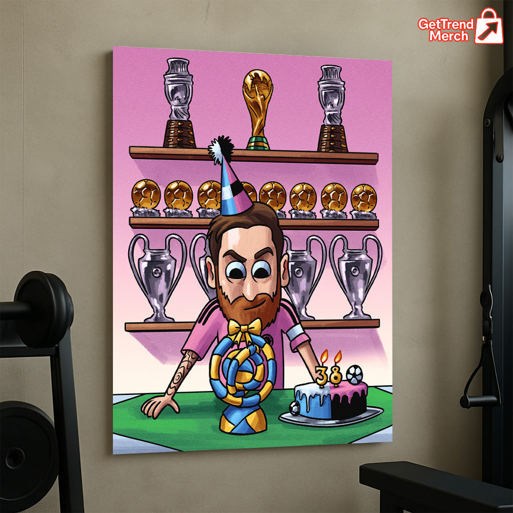 Lionel Messi 38th Birthday Cartoon Poster Canvas – Trophy Room Wall Art Gift - Get Trend Merch