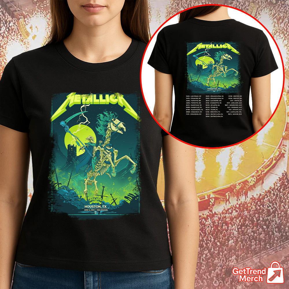 Metallica Concert Tour M72 World Tour June 14, 2025 Houston, TX Grim Reaper Horseman Skeleton Rider Official Band T-Shirt - Get Trend Merch