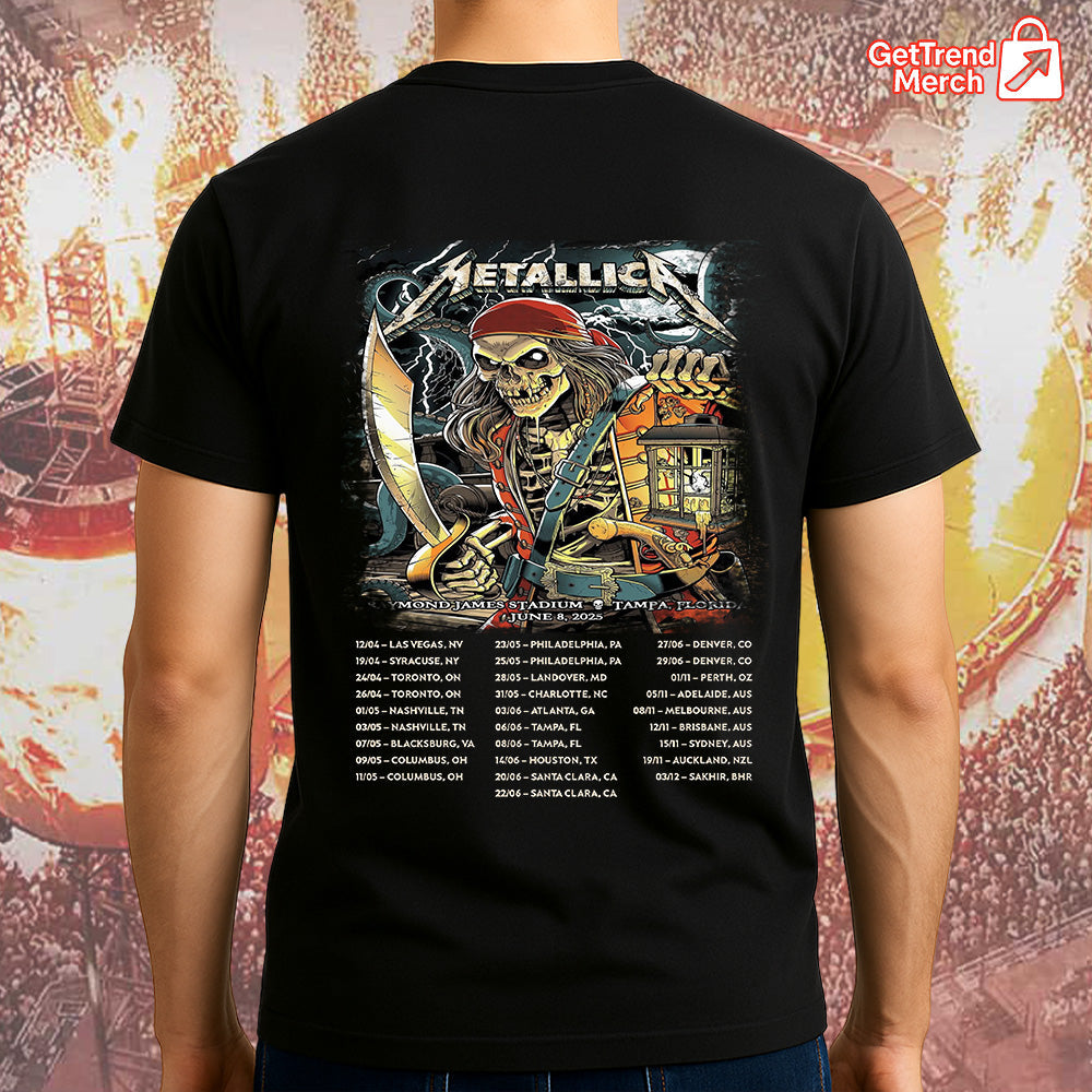 Metallica Concert Tour M72 World Tour June 8, 2025 Tampa, FL Raymond James Stadium Pirate Skeleton Official Band T-Shirt - Get Trend Merch