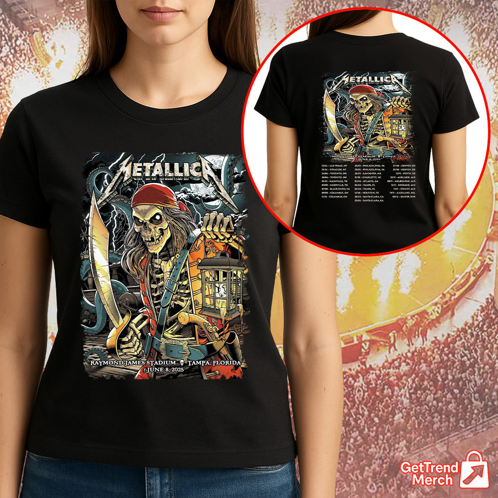 Metallica Concert Tour M72 World Tour June 8, 2025 Tampa, FL Raymond James Stadium Pirate Skeleton Official Band T-Shirt - Get Trend Merch