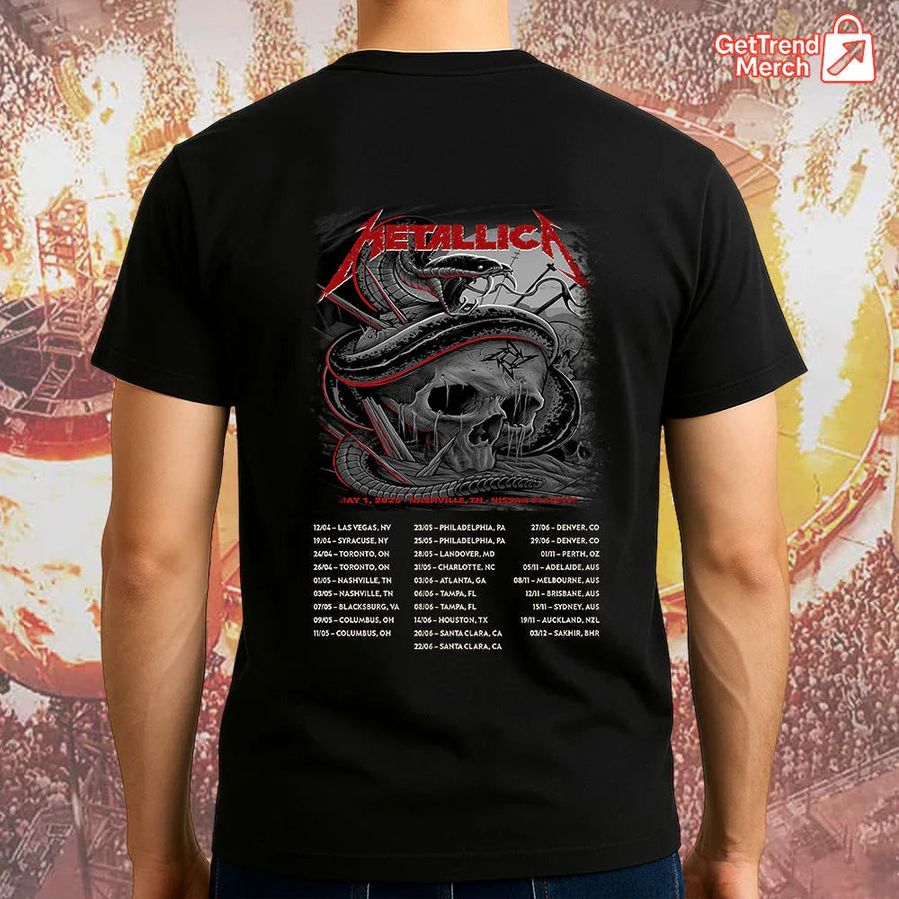 Metallica Concert Tour M72 World Tour May 1, 2025 Nashville, TN Nissan Stadium Skull & Viper Official Band T-Shirt - Get Trend Merch