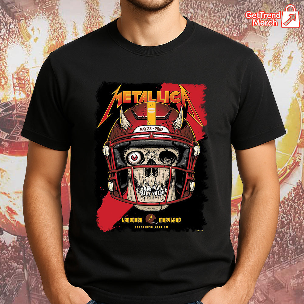 Metallica Concert Tour M72 World Tour May 28, 2025 Landover, MD Northwest Stadium Skull Football Helmet Official Band T-Shirt

