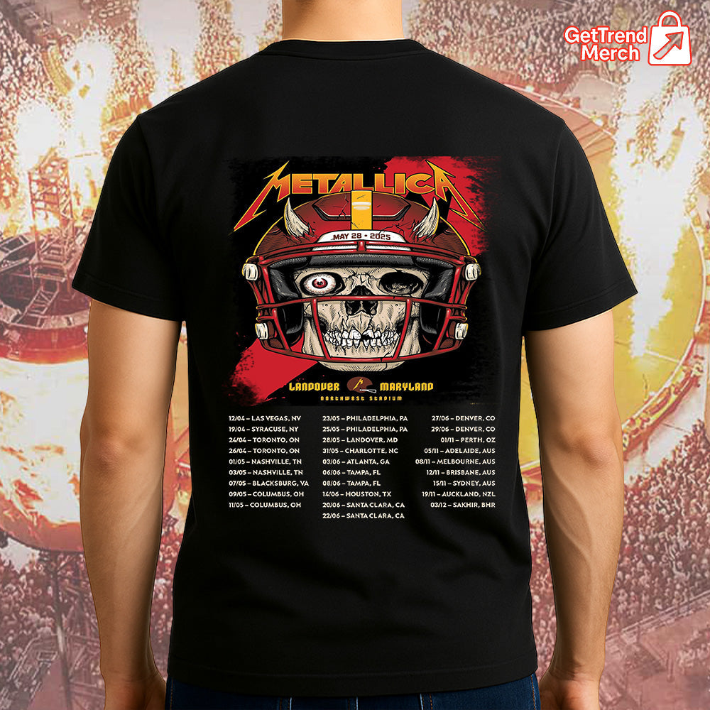 Metallica Concert Tour M72 World Tour May 28, 2025 Landover, MD Northwest Stadium Skull Football Helmet Official Band T-Shirt

