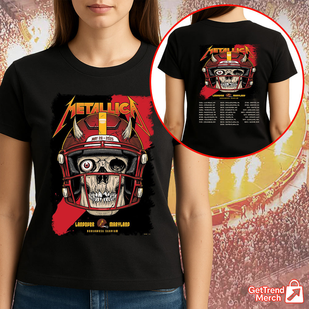 Metallica Concert Tour M72 World Tour May 28, 2025 Landover, MD Northwest Stadium Skull Football Helmet Official Band T-Shirt

